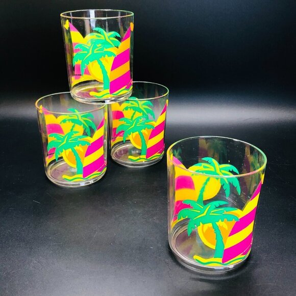 80s Gas station Premium Promo Tropical Sail Boat Plastic Drinking Cup Set of 4 - Picture 2 of 10